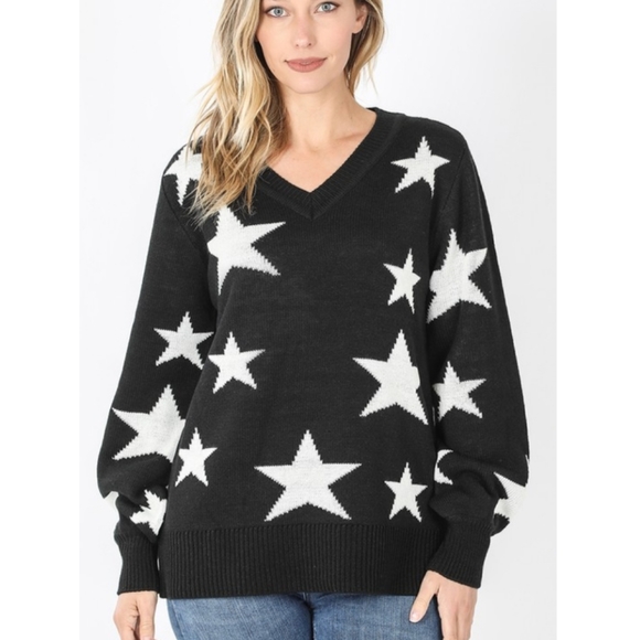 Boutique Sweaters - Casual Star Pattern V Neck Knit Sweater